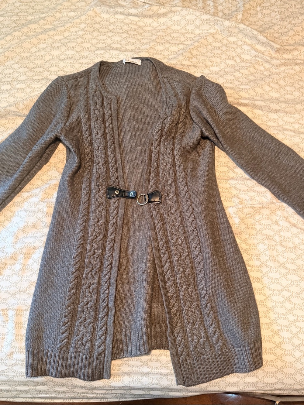 Calvin Klein Gray Cable Knit Open-Front Cardigan with Buckle